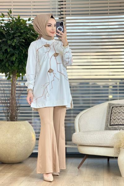 02-1985 Ön Dal Desenli Takım Ekru Bej