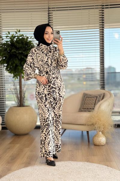 02-2027 Desenli Önden Bağlamalı Takım Ekru Siyah