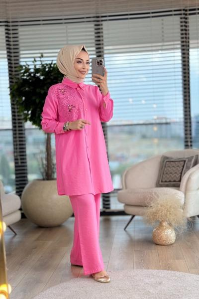 02-2132 Sol Göğsü Dantel Detaylı Takım Pembe