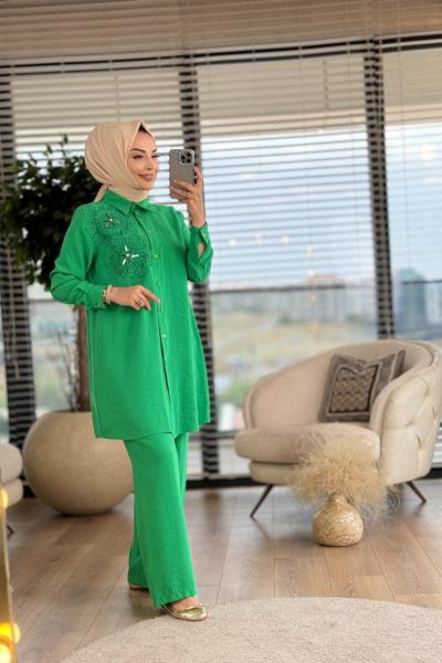 02-2132 Sol Göğsü Dantel Detaylı Takım Yeşil