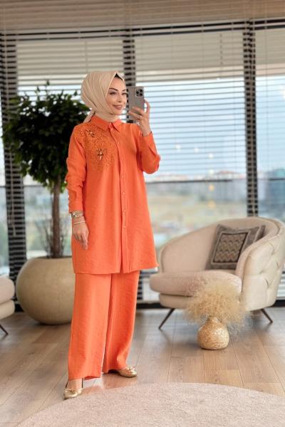 02-2132 Sol Göğsü Dantel Detaylı Takım Oranj