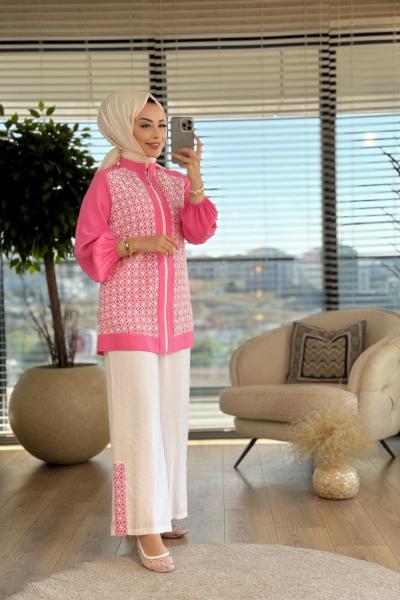 02-2151 Ön File Üstü İnci İşlemeli Takım Pembe