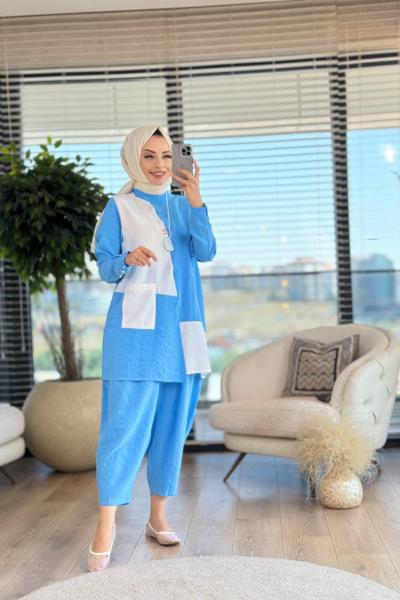 02-2163 İki Renkli File Cepli Takım Mavi