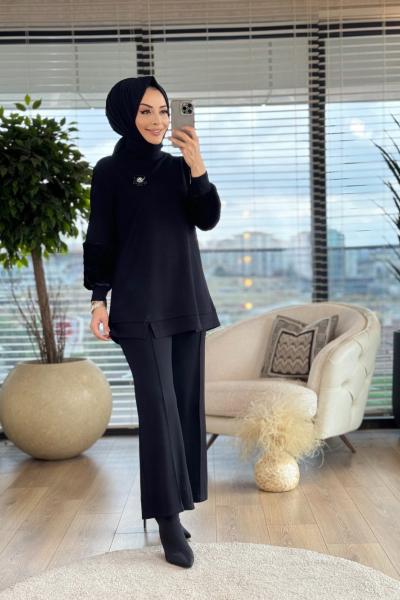 02-2178 Kolları Kürk Parçalı Takım Siyah