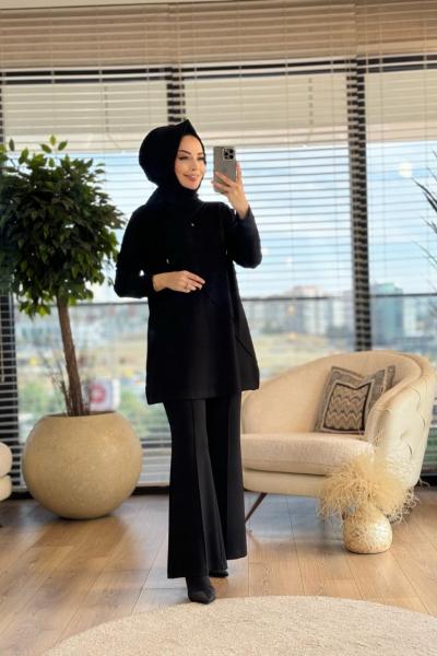 02-2179 Önü Baklava Dikişli Takım Siyah