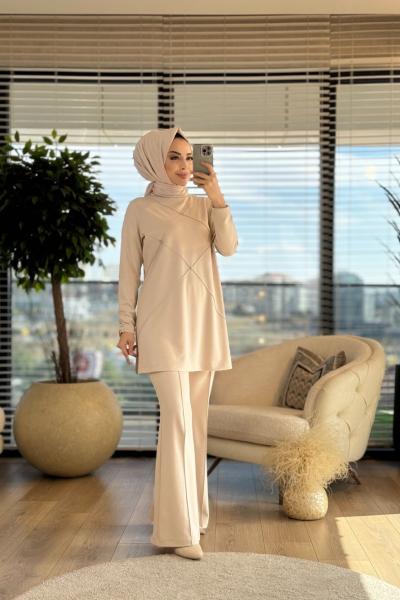 02-2179 Önü Baklava Dikişli Takım Bej