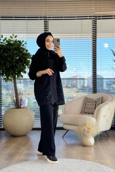 02-2209 Etek Ucu Kumaş Parçalı Takım Siyah