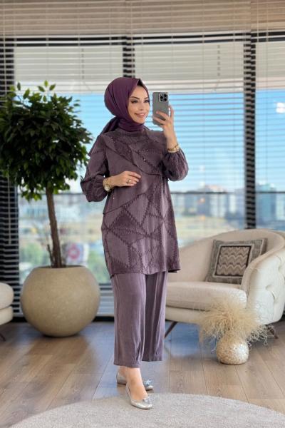 02-2233 Ön Parça Üstü Taş İşlemeli Takım Kahve