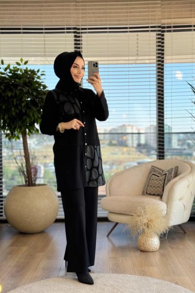 02-2248 Sol Omuz Sağ Eteği Parçalı Takım Siyah