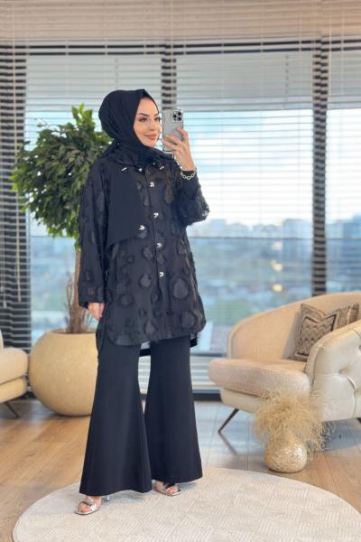 02-2275 Şifon Üstü Saçak Parçalı Takım Siyah