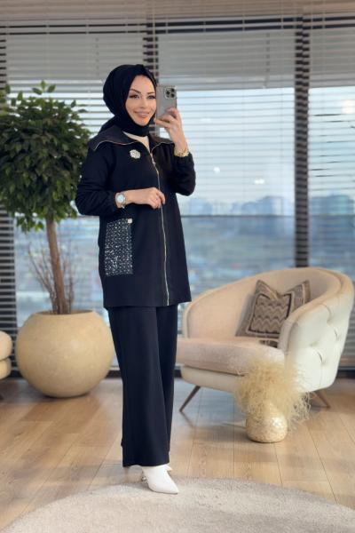 02-2296 Yanları Pul Nakış Parçalı Takım Siyah