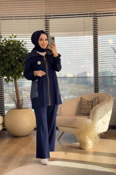 02-2296 Yanları Pul Nakış Parçalı Takım Lacivert