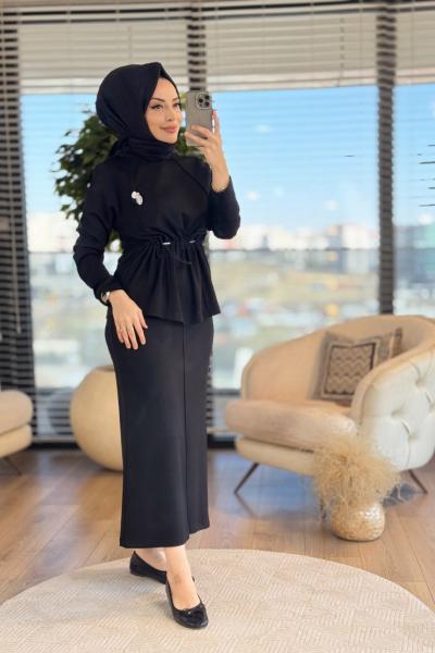 02-2337 Beli Büzgülü Biye Detaylı Takım Siyah