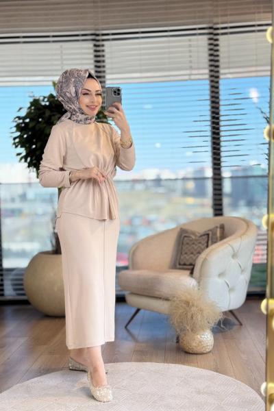 02-2337 Beli Büzgülü Biye Detaylı Takım Bej