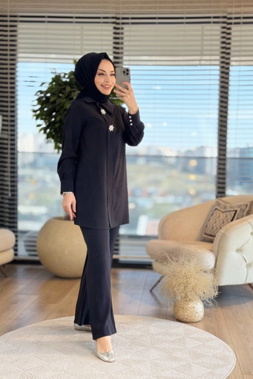 02-2337 Önü Pat Detaylı Takım Siyah