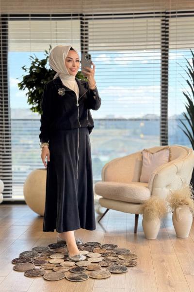 02-2360 Ön Fermuar Detaylı Takım Siyah
