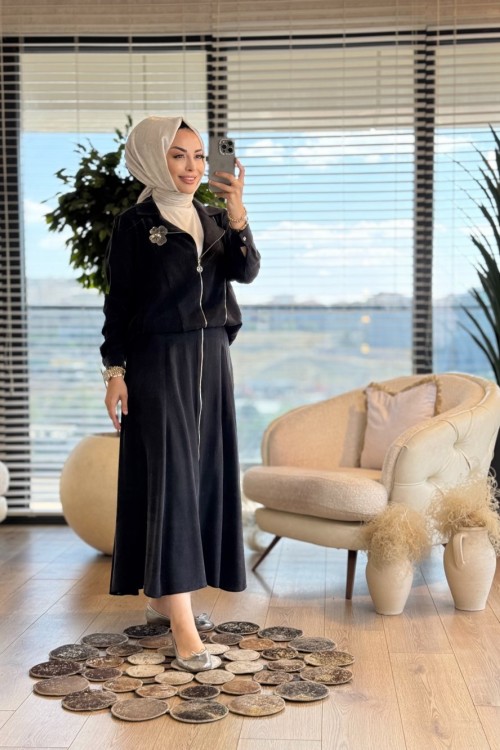 02-2360 Ön Fermuar Detaylı Takım Siyah