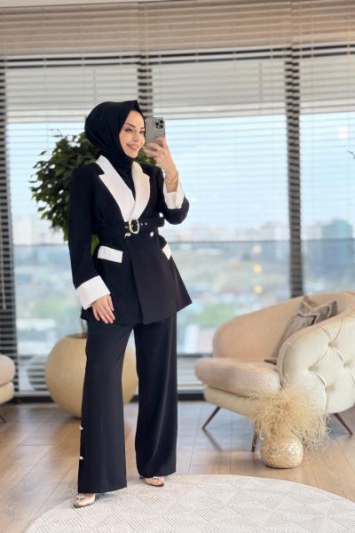 02-2375 Renkli Ceket Paça Düğmeli Takım Siyah Ekru