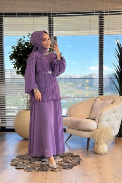 02-2482 Ön Pilise Yaka Taşlı Takım Lila
