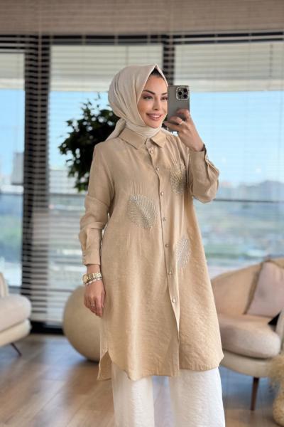 02-2494 Ön Boncuk 3 Yaprak İşli Takım Bej