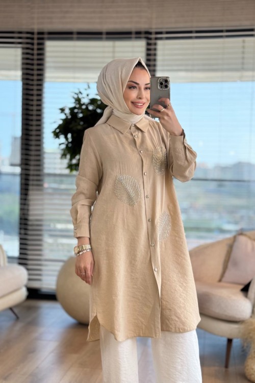 02-2494 Ön Boncuk 3 Yaprak İşli Takım Bej