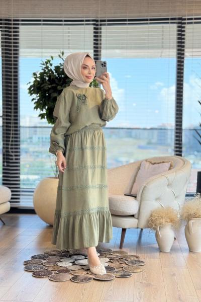 02-2508 Eteği Dantel Detaylı Takım Haki