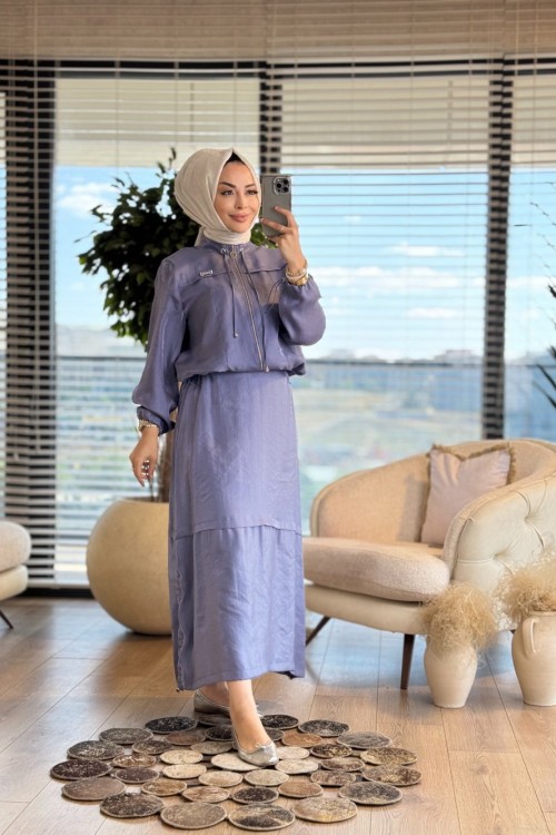 02-2530 Robası Şerit Parça Detaylı Fermuarlı Takım İndigo