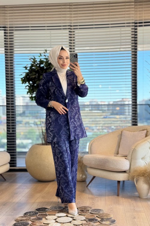 02-2610 Kendinden Desenli Takım Lacivert