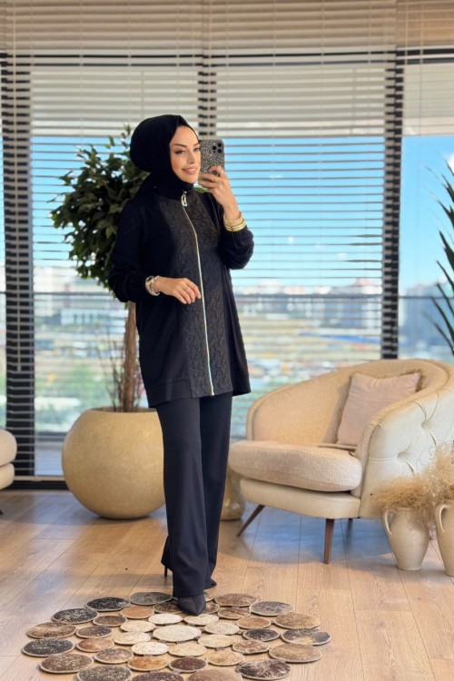 02-2661 Ön Arka Kabartma Desen Parçalı Takım Siyah