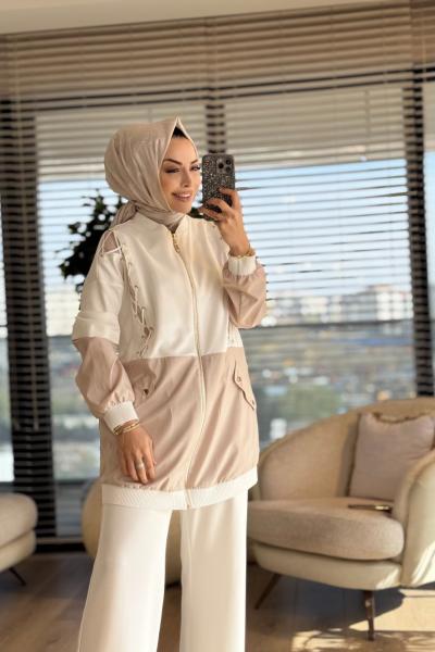 02-2707 Yanları İp Geçmeli Fermuarlı Takım Ekru