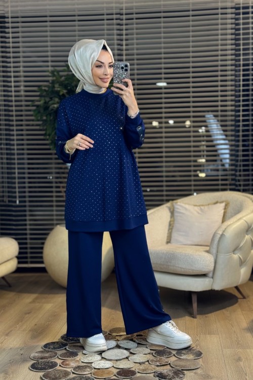 02-2727 Önü Serpme Taş Baskılı Takım Lacivert