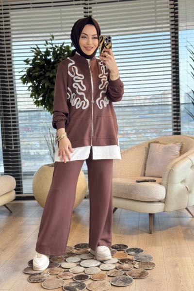 02-2807 Ön Kordon Üstü İncili Fermuarlı Takım Kahve