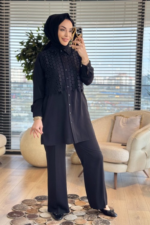 02-2824 Üst Oval Dantel Parçalı Takım Siyah
