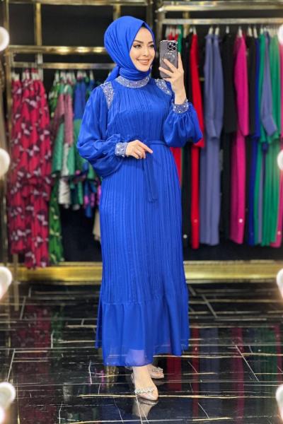 0449 Şifon Omuz Yaka Manşet Taşlı Elbise Saks