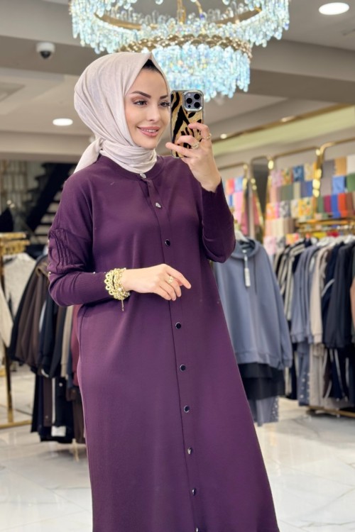 048 Eteği Volanlı Çıtçıtlı Uzun Hırka Mürdüm