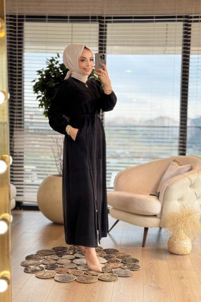 05-1180 Ön Kare Dikişli Fermuarlı Ferace Siyah
