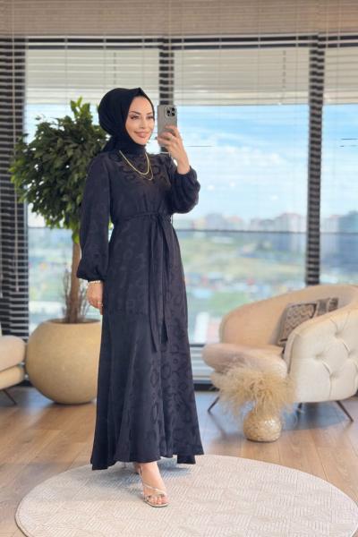 05-1539 Kendinden Desenli Elbise Siyah