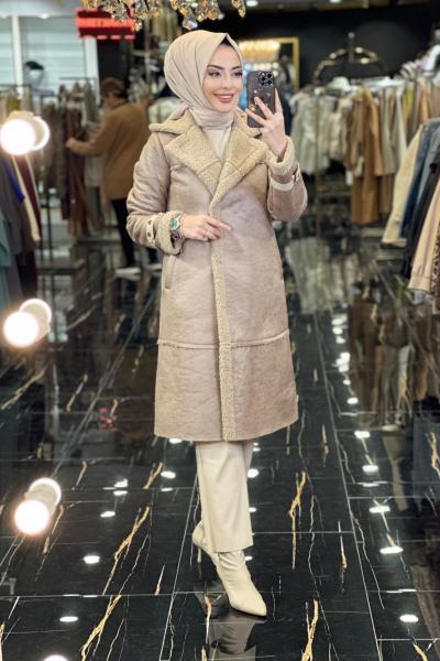 06-1108 Deri Yaka ve Manşet Peluş Kaban Taş