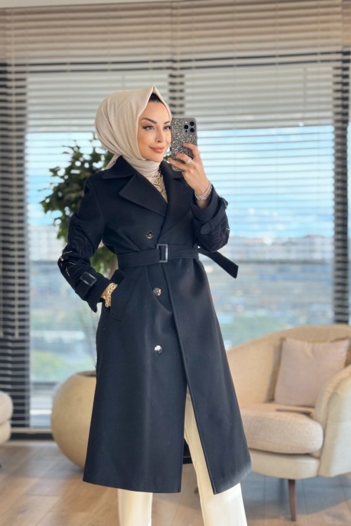 06-1125 Kolları Nakışlı Kaşe Kaban Siyah