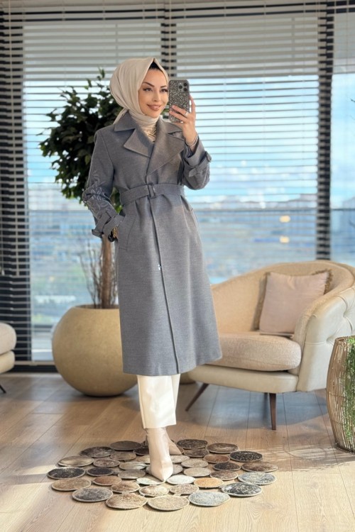 06-1125 Kolları Nakışlı Kaşe Kaban Antrasit