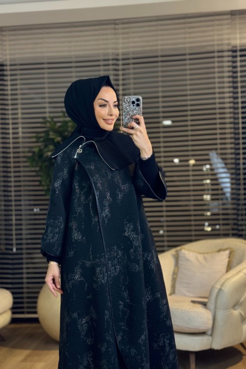 06-1157 Üst Sim Baskılı Triko Yakalı Elbise Siyah