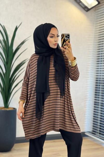 0723 Geniş Çizgili Tunik Kahve