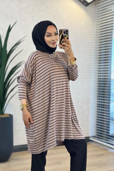 0723 Geniş Çizgili Tunik Bej