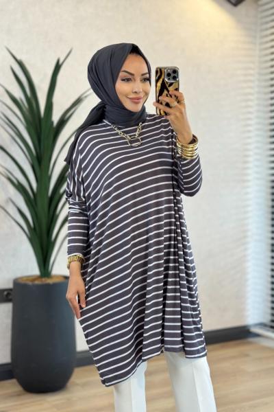 0723 Geniş Çizgili Tunik Antrasit
