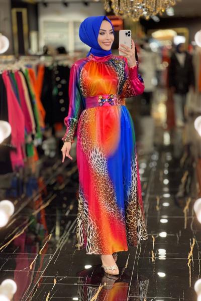 08-1435 Saten Leopar Ve Batik Desen Elbise Standart