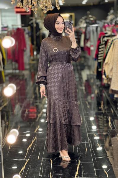 08-1462 Kendinden Kazayağı Desen Elbise Kahve