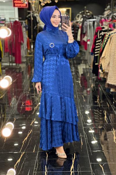 08-1462 Kendinden Kazayağı Desen Elbise Saks