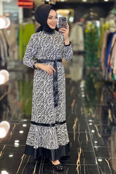 08-1498 Zebra Desen Deri Biyeli Elbise Siyah