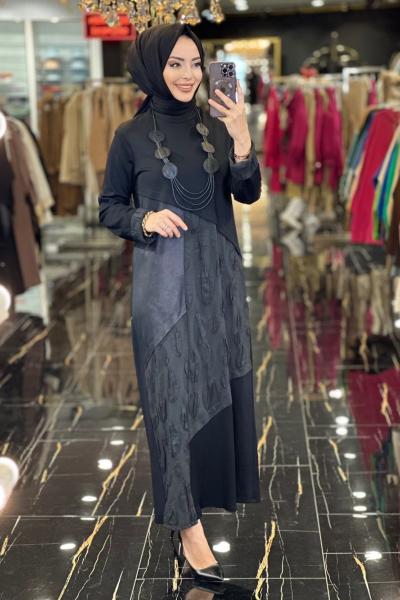 08-1507 Ön Ve Manşet Kabartma Parçalı Elbise Siyah