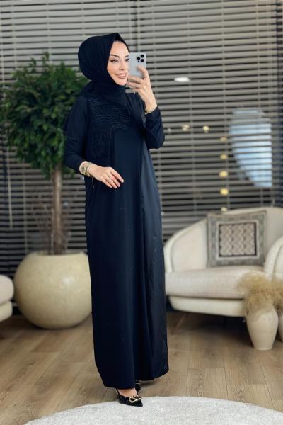 08-1515 Sol Göğüs Kordon Detaylı Elbise Siyah